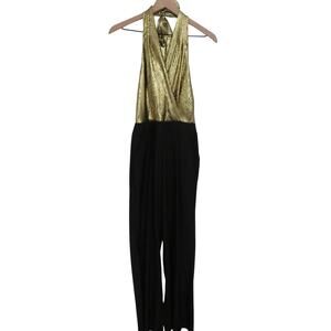J.O.A. Womens Size S Metallic Gold Black Halter Jumpsuit Party Evening Cocktail